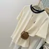Camiseta de Manga Corta Bordada con Cuello Redondo y Bloques de Color Estilo Europeo y Americano para Mujer, Camiseta Waffle Ajustada con Bloques de Color Versión Coreana de Verano