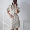 Estilo Europeo y Americano Cuello Polo Cintura Ceñida Ropa de Trabajo Vestido de Cintura Ceñida Primavera Nuevo Retro Ajustado Adelgazante Casual Falda Corta para Mujer