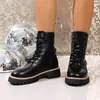 2025 Novo Outono Estilo Britânico Mais Vendido Preto com Borda Marrom Botas Chelsea Femininas Estilo Motociclista Pequenas Cadarço Emagrecedoras Botas Curtas