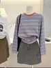 Otoño 2026 Nuevo Estilo Retro Perezoso Bloque de Color Rayas Cuello Redondo Manga Larga Camiseta Mujer Hombro Caído Prenda Base Superior
