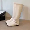 Botas de vaquero de moda, que aumentan la altura, con tiras cruzadas, suela plana, punta redonda, de media pantorrilla, botas de montar para mujer, botas largas, botas gruesas para mujer
