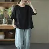 2026 Novo Estilo Artístico Simples Casual Manga Curta Camiseta para Mulheres Verão Solta e Versátil Cor Pura Casual Pulôver Top para Mulheres