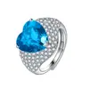 Anel de Diamantes da Moda em Formato de Coração com Cluster Completo de Diamantes Joias de Prata Elegante Gema em Formato de Coração Cravejada Grande Pedra Solta Exagerado Anel de Diamantes da Moda