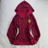 Sudadera con capucha estilo americano de estampado de leopardo 2026 para mujer, cárdigan de punto con cremallera color burdeos, estilo casual retro Y2K