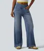 Calça jeans de tricô larga na cintura e perna larga para mulheres, calça comprida justa e elástica, jeans de brim com caimento solto estilo europeu e americano