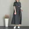 Novo Vestido Casual Feminino Japonês de Cor Sólida de Algodão e Linho com Gola Reversível, Manga Curta e Bolso Largo