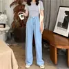 Calça Jeans Feminina Outono Coreano 2024 Nova Cintura Alta Emagrecedora Estilo BF Fina Cor Clara Perna Larga Comprimento Total