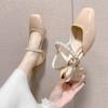 Sandalias Mary Jane de verano 2023 para mujer, con tacón grueso y punta cuadrada, con hebilla de diamantes de imitación