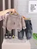 Conjunto de Moletom Rasgado para Meninos Primavera e Outono, Conjunto Trendy de Duas Peças Estilo Coreano, Jeans de Manga Longa para Bebê, Roupa Infantil da Moda