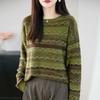 2025 Novo Outono e Inverno Lã Penteada Gola Redonda Malha Manga Longa Feminina Padrão Ondulado Combinação de Cores Pulôver Camisa Base