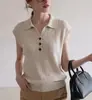 Atuendo Estilo Old Money: Chaleco de punto de seda helada con cuello polo de verano para mujer, top sin mangas con cuello desplegable para usar como prenda exterior