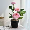 Mini-bonsái de flor de rosa de tres cabezas para decoración de interiores del hogar, planta verde artificial de simulación creativa, accesorio de fotografía, adorno de mesa para sala de estar