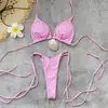 Bikini sexy de tres piezas sin tirantes de cintura baja con estampado de lunares de color sólido 2026 nuevo traje de baño de dos piezas