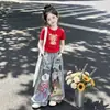 Conjunto de Manga Curta para Meninas Tendência Cool Verão 2026 Novo Estilo Fashionável Elegante Estampa Calça de Manga Curta Graffiti