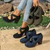 Tacones Altos Antideslizantes de Tira Cruzada Tallas Grandes Zapatos Casuales Individuales Europeos y Americanos Tira Cruzada Retro Suela Gruesa Tacón Grueso Zapatos de Mujer