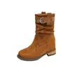 Botas Retrô Planas Melanoides Femininas 2026 Outono Inverno Novas Botas Versáteis de Camurça Jeans Salto Bloco Botas Casuais com Fivela