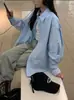 Camisa Azul para Mulheres, Novo Estilo de Primavera, Estilo Coreano Casual, Jaqueta de Algodão Puro, Estilo Solto Preguiçoso, Camisa de Manga Longa
