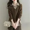Camisa Tricotada de Manga Comprida de Duas Peças Falsas para Mulheres, Outono 2025 Novo Estilo, Suéter Interno Solto, Camisa Externa com Lapela