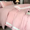 Conjunto de Roupa de Cama Jacquard Quatro Peças Luxo Leve Capa de Edredom Simples com Bordas Largas Lençol Respirável Amigo da Pele Conjunto de Cama para Todas as Estações
