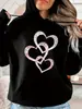 Sudadera con Capucha para Mujer, Estampado de Corazones con Brillo Negro, Corte Holgado, Adecuada para Uso Casual, con Bolsillo Frontal y Moderna