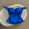 Top de Renda Azul Tomara que Caia Curto Strappy Vintage Sexy Decote V Feminino