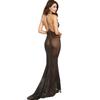 Ropa interior sexy de comercio exterior europeo y americano, perspectiva de malla negra, vestido largo, camisón sexy de corte bajo con cuello halter, conjunto sexy