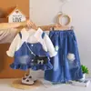 Conjunto de Ropa de Otoño para Niñas 2026 Nuevo Elegante Primavera/Otoño Tirantes Mezclilla Manga Larga Conjunto de Tres Piezas Ropa para Bebés Niños Niños