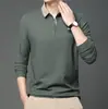 Nova Camisa Polo de Manga Longa Primavera e Outono 2024 Masculina Casual Verde Meia-idade Gola Tesoura Camiseta Lapp Masculina