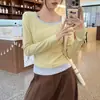 Nueva Camiseta de Manga Larga con Diseño de Empalme Falso de Dos Piezas a Cuadros para Primavera Temprana, Look Adelgazante para Mujer, Estilo Coreano, Camiseta Básica