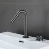 Grifo de Lavabo de Cobre Completo Tipo Split Frío y Caliente Color Gris Pistola para Lavabo de Encimera de Baño con Doble Agujero