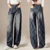 Jeans de pierna ancha a cuadros retro estilo americano para mujer, nueva moda de otoño, cintura alta, adelgazantes, lavados, pantalones de largo hasta el suelo
