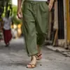 Pantalones de playa casuales de verano para hombre 2025 transfronterizos de Amazon, cintura elástica con cordón, multibolsillos, de algodón y lino