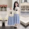 Vestido Conjunto Duas Peças Feminino de Verão Desenho Animado Cintura com Cordão Manga Curta Doce Fofo Renda Fresco Casual