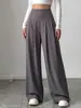Pantalones Casuales Largos de Mujer Transfronterizos Gris Oscuro de Cintura Alta Pierna Ancha Cómodos Estilo Casual Cubren Cadera Plisado Con Caída