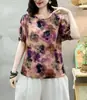Playera Artística de Algodón y Lino para Mujer Top de Color Suelto Casual Retro para Viajar Verano Manga Corta Estampada a la Moda