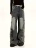 Jeans Vintage Lavado com Patch de Estrela para Homens e Mulheres Tendência Primavera 2025 Solto Modelador Caimento Larga na Barra Comprimento Total