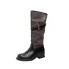 Botas de Media Pantorrilla Patchwork Retro con Hebilla Aumento de Altura 4cm~ Botas de Caballero Apiladas Patchwork con Hebilla para Mujer
