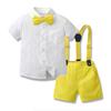 Cárdigan de Verano para Niño con Lazo de un Botón de Manga Corta, Pantalones de Tirantes Rayados de Dos Piezas, Set de Vestido de Rendimiento Infantil