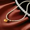 Collar Colgante Redondo de Perla Chapado en Oro Real de 14K Cadena de Suéter Retro Francesa Collar Casual Versátil para Mujer Nicho