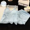 Pijama de camisola de encaje de color liso estilo coreano para mujer, nuevo modelo de verano 2026 con copas en el pecho, conjunto dulce y simple de ropa de casa fina