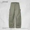 Calças de trabalho estilo americano com múltiplos bolsos para homens, vibe high-street, marca da moda, design único, modelagem solta, perna larga, calças compridas