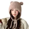 Otoño e Invierno Lindo Oso de Dibujos Animados Gorro de Punto para Ciclismo al Aire Libre Cálido Gorro de Lana con Lazos Gorro Engrosado con Forro de Polar Venta al por Mayor
