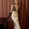 Moda Femenina Europea y Americana Estilo Nuevo Transfronterizo Vestido de Noche de Banquete Sexy con Ribete de Encaje Tirantes Finos Ajustado Elegante Vestido Largo