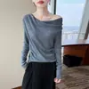 Suéter de Lã Fina Tricotado Novo Outono/Inverno 2026 para Mulheres, Blusa Básica de Manga Longa Off-Shoulder Cor Sólida, Top da Moda