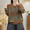 Cardigã de malha com fio de algodão estilo vintage estampado, novo modelo outono 2025, gola redonda, abotoamento simples, casaco feminino slim fit