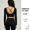 Novo top de yoga com costas cruzadas, mangas compridas e bojo embutido, feito de elastano de alta elasticidade, adequado para Pilates e fitness para mulheres