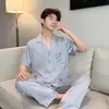 Conjunto de Pijama Masculino Jacquard de Seda Gelada, Novo, Tendência Primavera/Verão, Duas Peças, Elegante, Confortável, Para Usar em Casa ou Fora