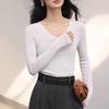 Camiseta Básica de Tricô Fino Sem Costura Calibre 18, Suéter 100% Lã, Malha de Manga Longa para Primavera e Outono, Top Versátil para Mulheres