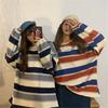 Camiseta holgada de manga larga para mujer, estilo coreano, estilo Harajuku, vintage, a rayas, combinable, para otoño, para parejas, hombres y mujeres, estudiantes.