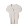 Blusa de Tricô Manga Curta Oufan9372 Estilo Francês com Fivela Pequena Dourada para Mulheres, Início do Outono 2025, Caimento Ajustado e Valorizador
